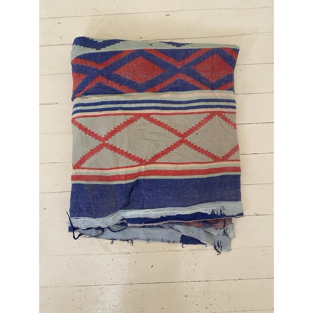 Vintage 30s 40s Cotton Camp Blanket Aztec Native Design Beacon? 76x69 Distressed